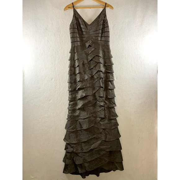 Adrianna Papell Satin Tiered Maxi Gown & Bolero 2 pc Set Dress Sz 8 Bronze Event - Picture 5 of 16